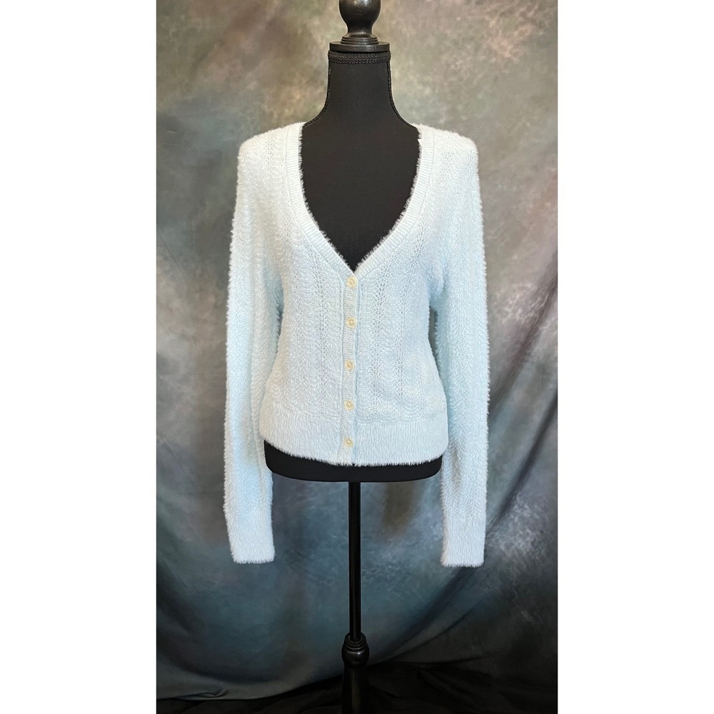 Abercrombie & Fitch Soft Fuzzy Knit V Neck Button Cardigan Sweater Baby Blue XL